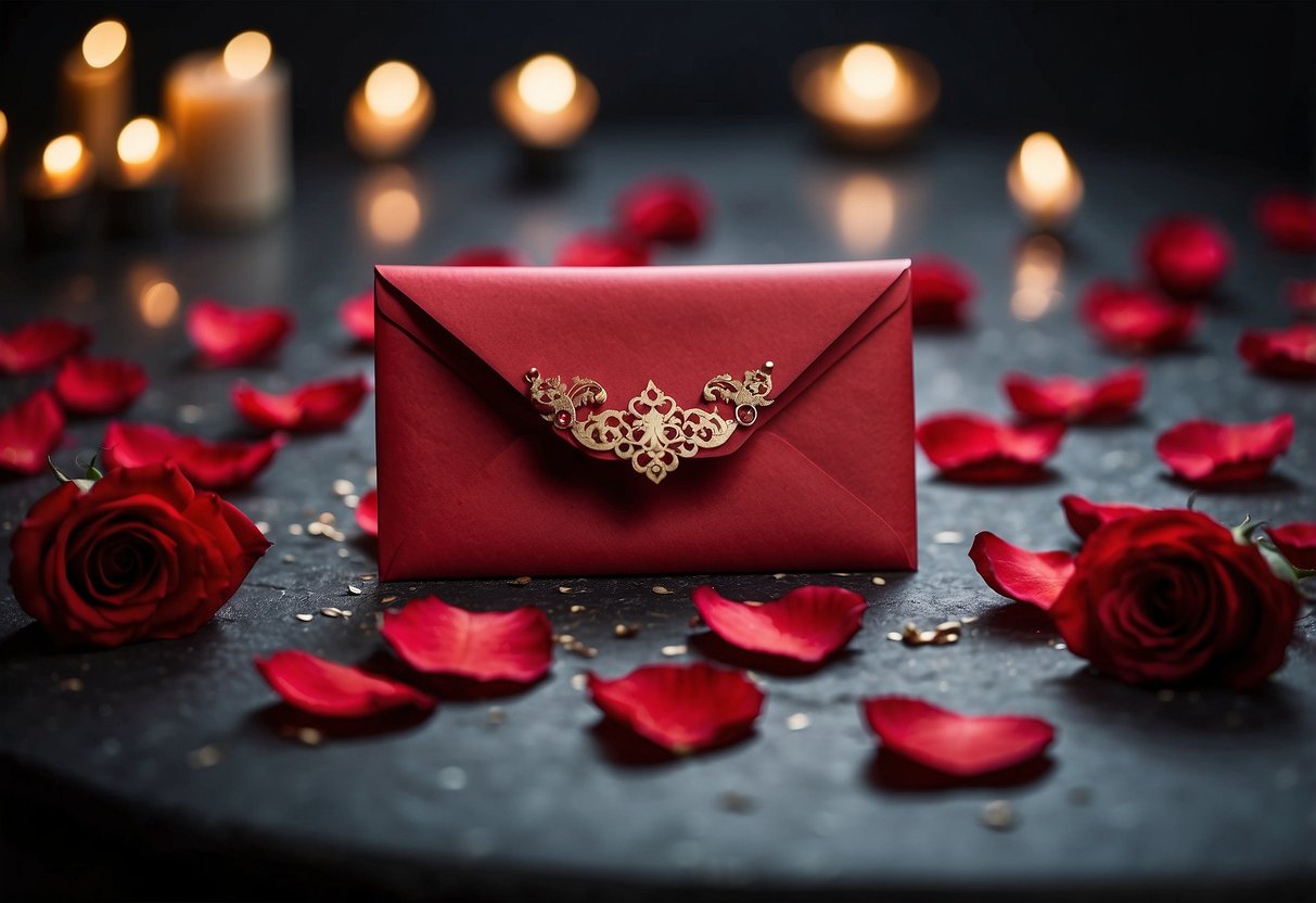 A red envelope lies on a table, surrounded by scattered rose petals and candles. The room is dimly lit, creating a romantic atmosphere