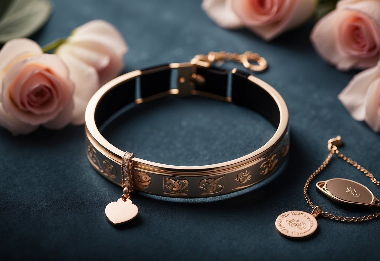 A custom-engraved bracelet and pendant lay on a velvet display, surrounded by delicate rose petals and a silver anniversary card