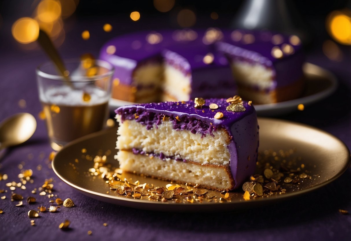 A vibrant purple cake with splashes of gold, creating a stunning contrast