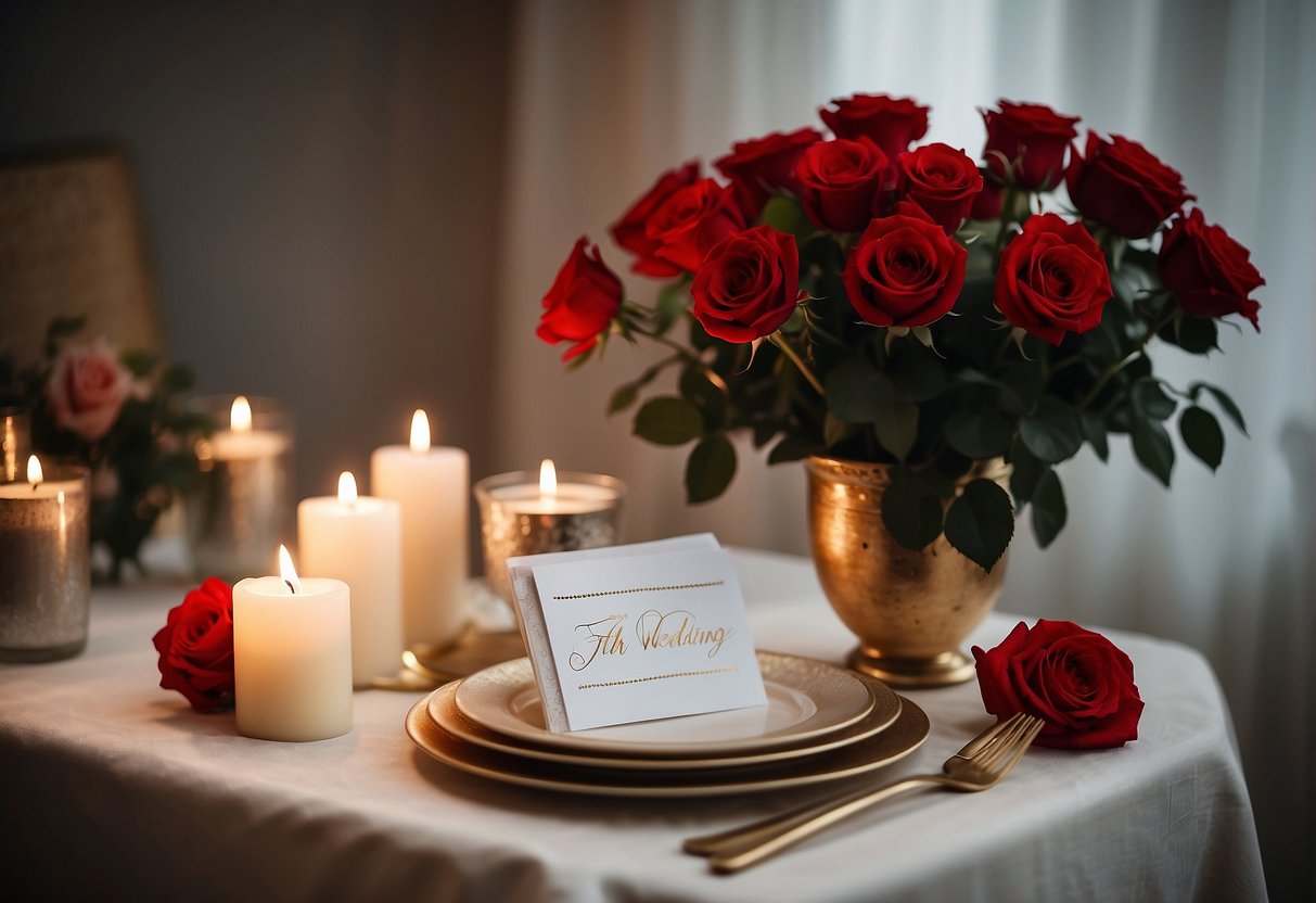 A table set with a white tablecloth, adorned with a vase of red roses, lit candles, and a photo album labeled "26th wedding anniversary."