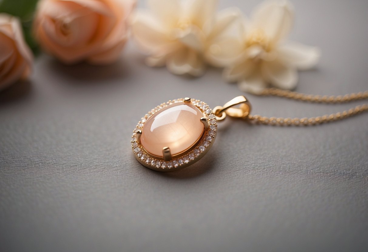 A delicate peach moonstone pendant necklace glistens in the soft evening light, adding a touch of elegance to the wedding guest's ensemble