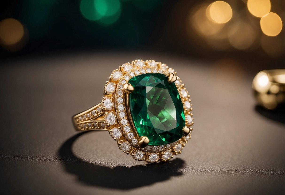 A sparkling emerald cocktail ring gleams on a velvet jewelry display, surrounded by other elegant accessories