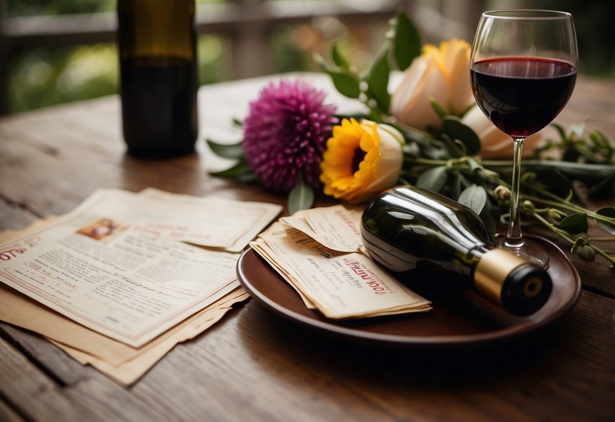 A table with a bouquet of flowers, a bottle of wine, and handmade coupons for various romantic activities scattered around