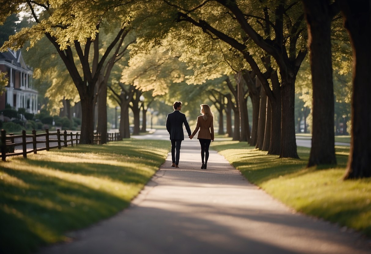 A couple strolling down a tree-lined path, passing by landmarks of their relationship - a first date spot, their wedding venue, and their first home