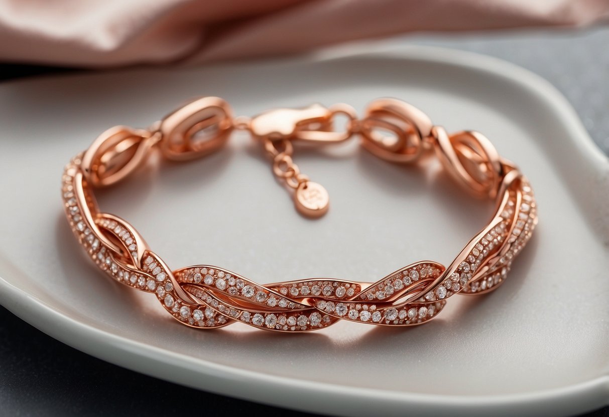 A delicate rose gold twist bracelet rests on a velvet jewelry display, surrounded by sparkling earrings and necklaces