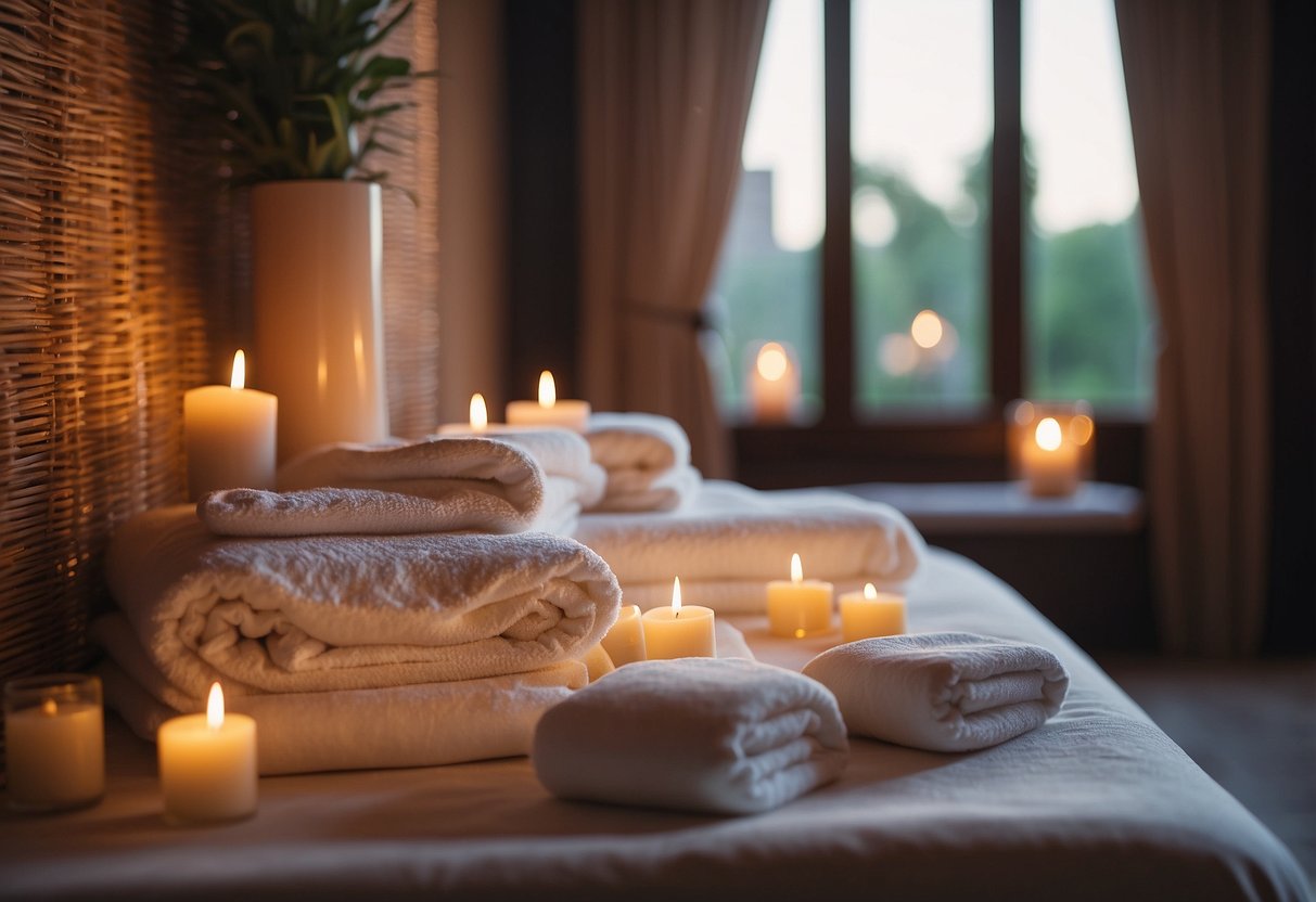 A serene spa room with candles, soft lighting, and a bubbling jacuzzi. A couple's massage table is set with fluffy towels and soothing music fills the air