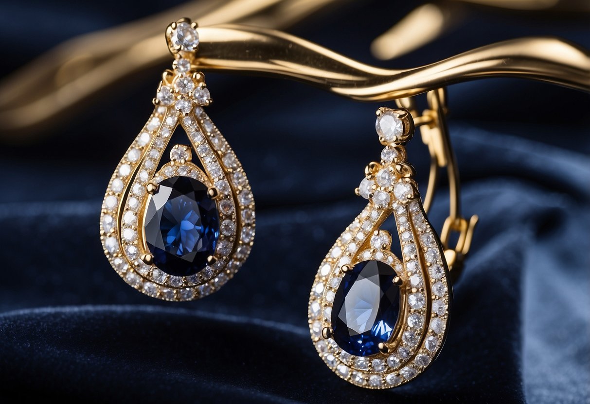 Two sparkling sapphire drop earrings rest on a velvet jewelry display. The backdrop is elegant and sophisticated, with soft lighting highlighting the dazzling gems