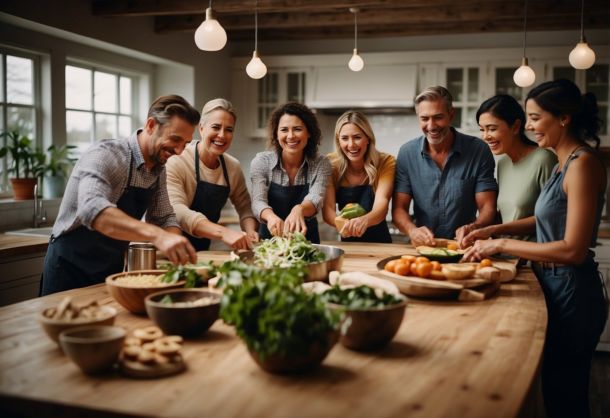 A group of people gather around a large kitchen island, chopping, stirring, and laughing as they participate in a cooking class for a 26th wedding anniversary celebration