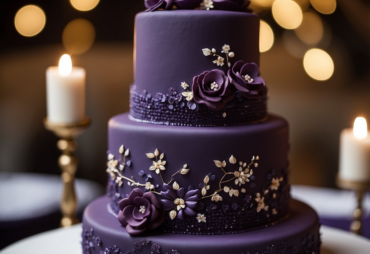 A three-tiered wedding cake covered in deep purple fondant, adorned with sparkling grape clusters and delicate sugar flowers