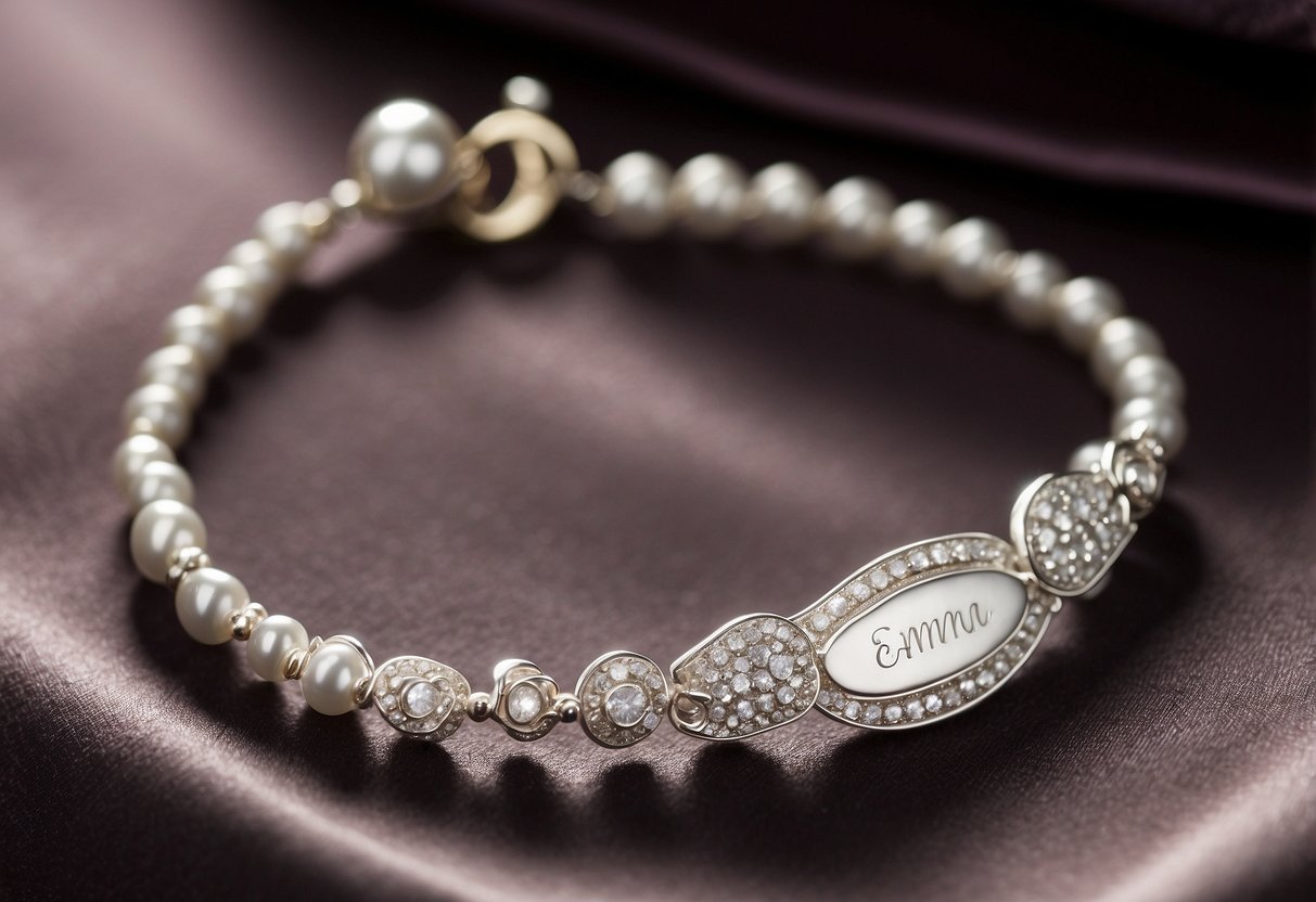 A delicate silver bracelet with the name "Emma" engraved hangs on a velvet cushion, surrounded by elegant wedding guest jewelry