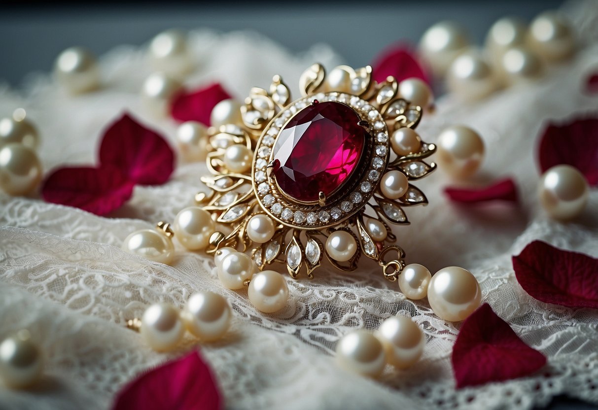 A delicate vintage ruby brooch pinned to a lace handkerchief, nestled among scattered rose petals and pearls