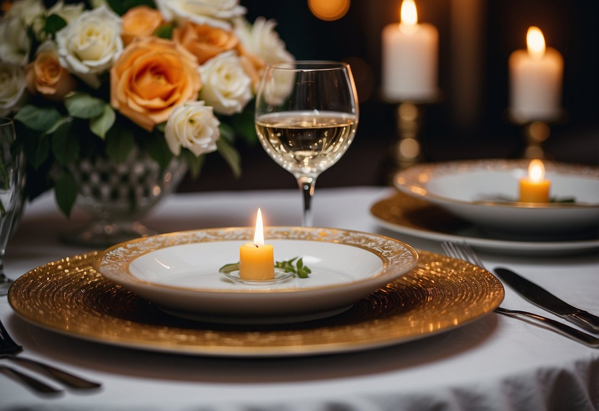 A beautifully set table with elegant dinnerware, candlelight, and a floral centerpiece. A waiter pouring wine into crystal glasses as a couple celebrates their 26th wedding anniversary