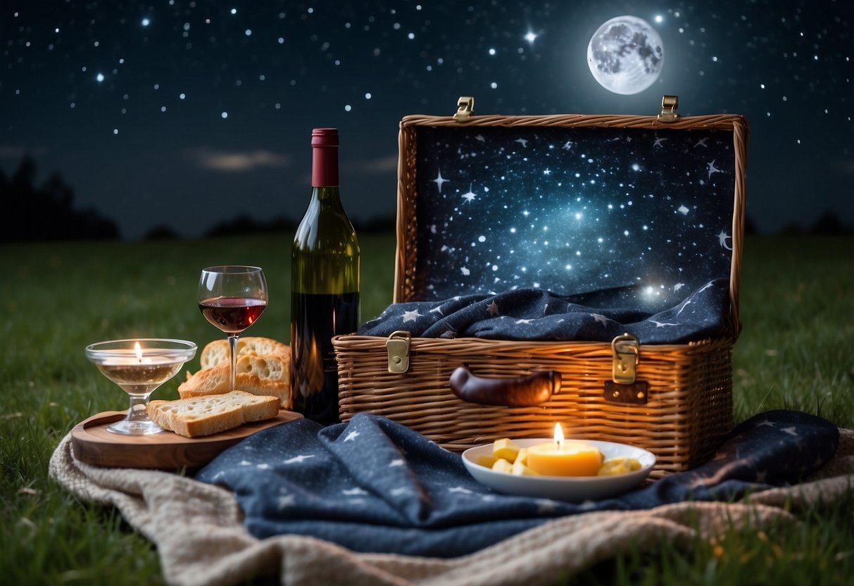 A cozy blanket spread out on the grass, with a telescope and star chart nearby. A picnic basket filled with snacks and a bottle of wine. The night sky is clear, with twinkling stars and a bright full moon overhead