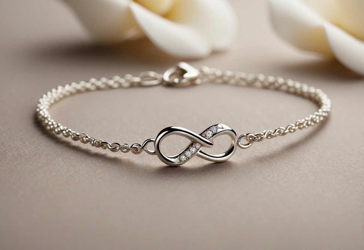 A delicate sterling silver anklet with an infinity symbol charm, resting on a white lace fabric with soft natural lighting