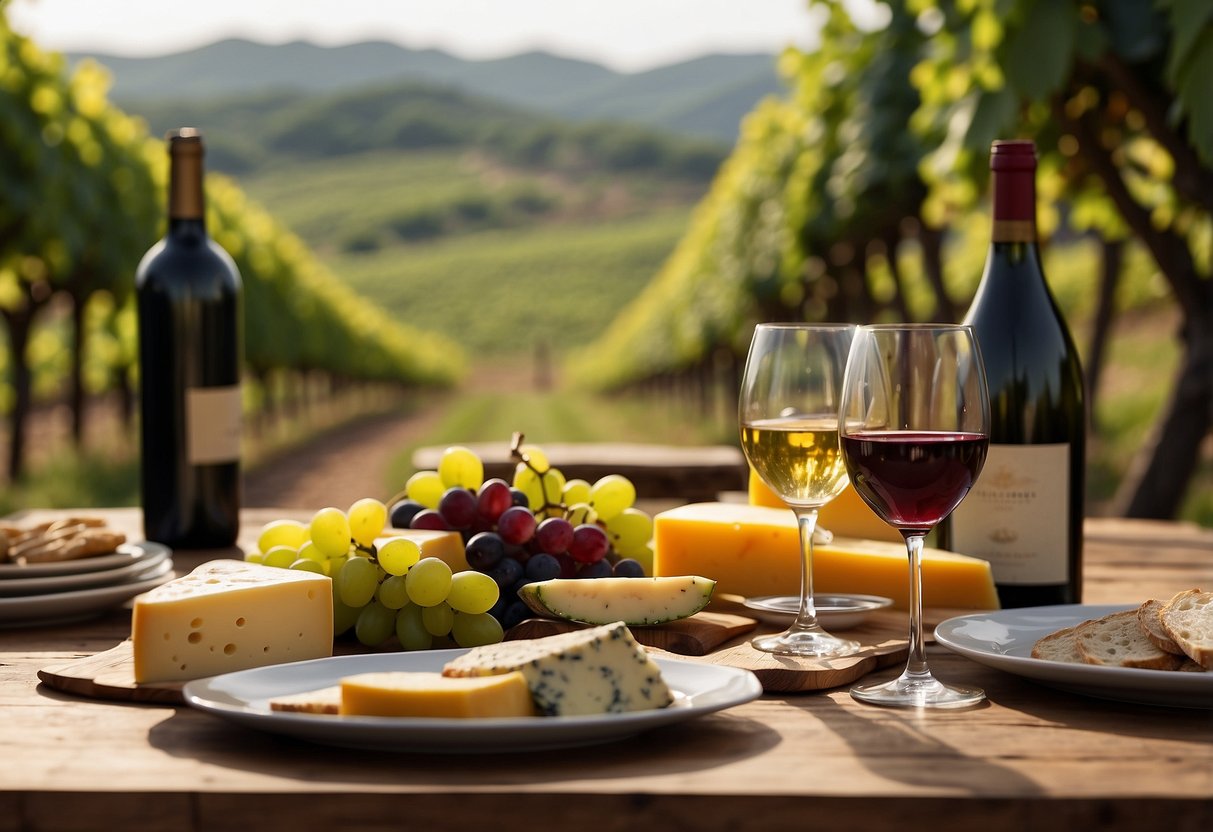 A table set with various wine bottles, glasses, and cheese platters. Vineyard landscape in the background with a tour guide leading a group