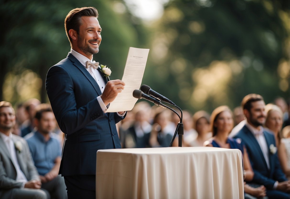 The groom stands at the podium, holding a piece of paper with his speech. He looks out at the crowd with a smile, ready to share his heartfelt words