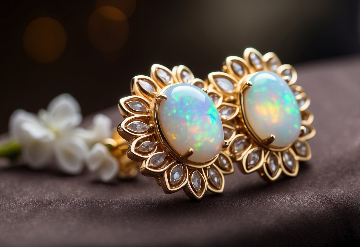 Opal cluster earrings displayed on a velvet jewelry stand with soft lighting, surrounded by delicate lace and floral accents