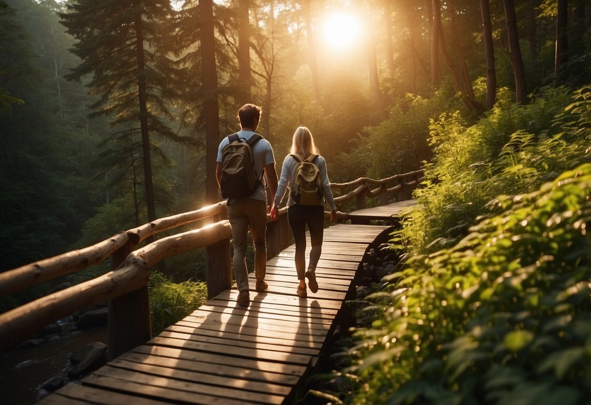 A couple hiking in a lush forest, crossing a wooden bridge over a rushing river. The sun is setting, casting a warm glow on the trees