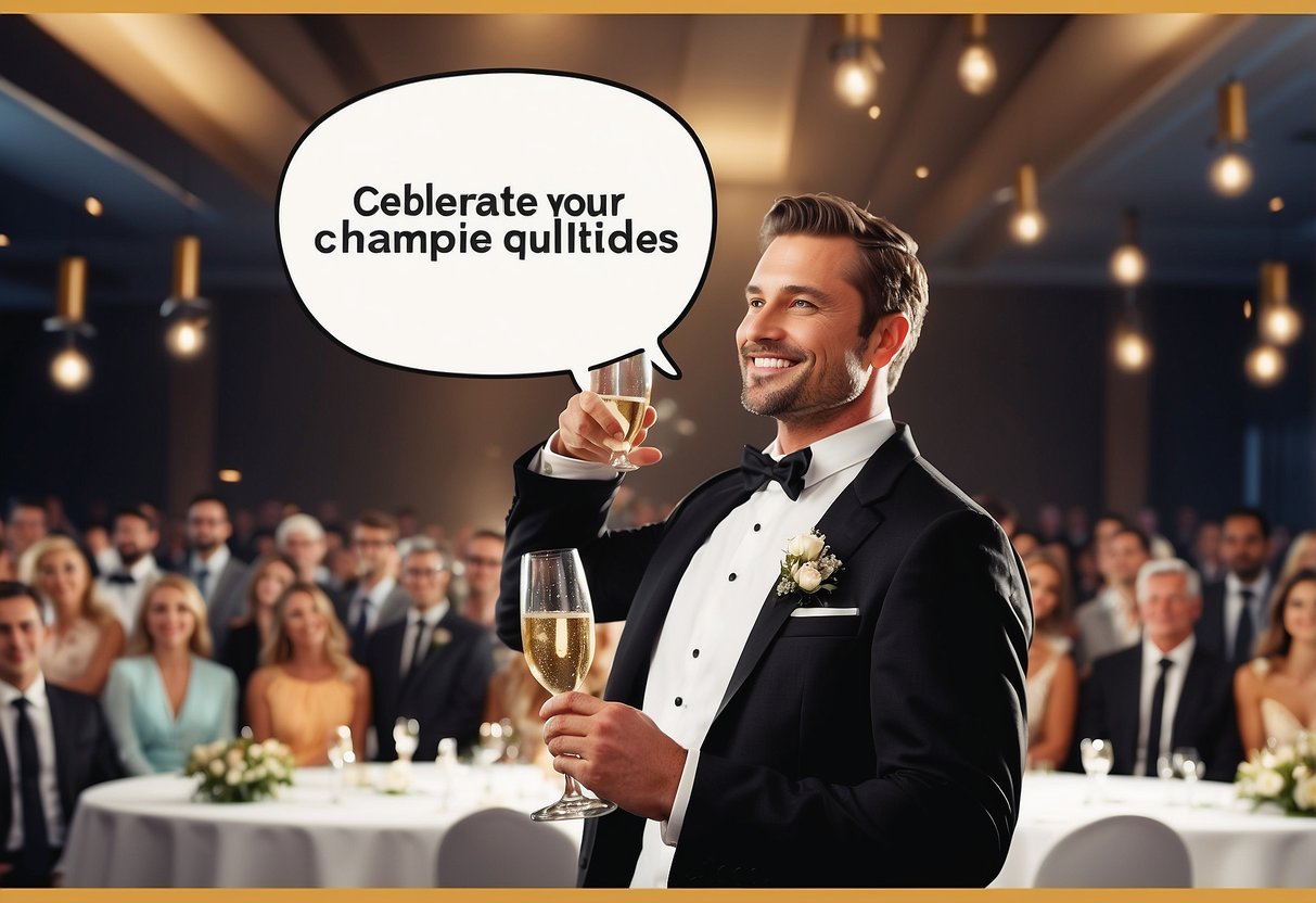 A groom standing at a podium, raising a champagne glass in a toast. A speech bubble with words "Celebrate Your Bride's Qualities" hovers above him