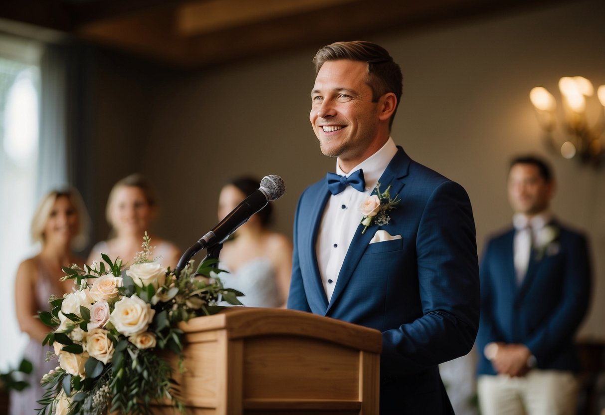 The groom stands at the podium, smiling as he listens to the heartfelt words of his in-laws. A warm, intimate atmosphere fills the room as they share their wedding speech ideas, expressing their love and support for the newlyweds