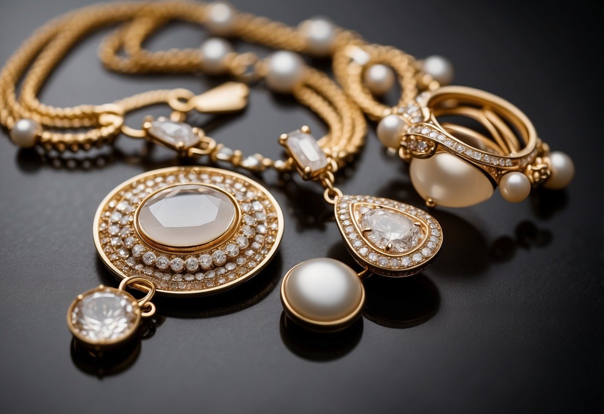 A table with elegant jewelry pieces: statement earrings, delicate necklaces, and sparkling bracelets. Soft lighting highlights the shimmering details