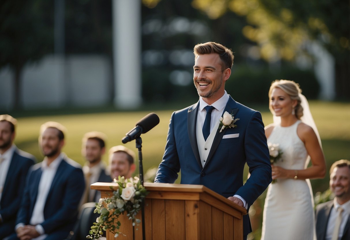 The groom stands at the podium, delivering a light-hearted wedding speech. He jokes about his newfound responsibilities and promises to always make his bride laugh