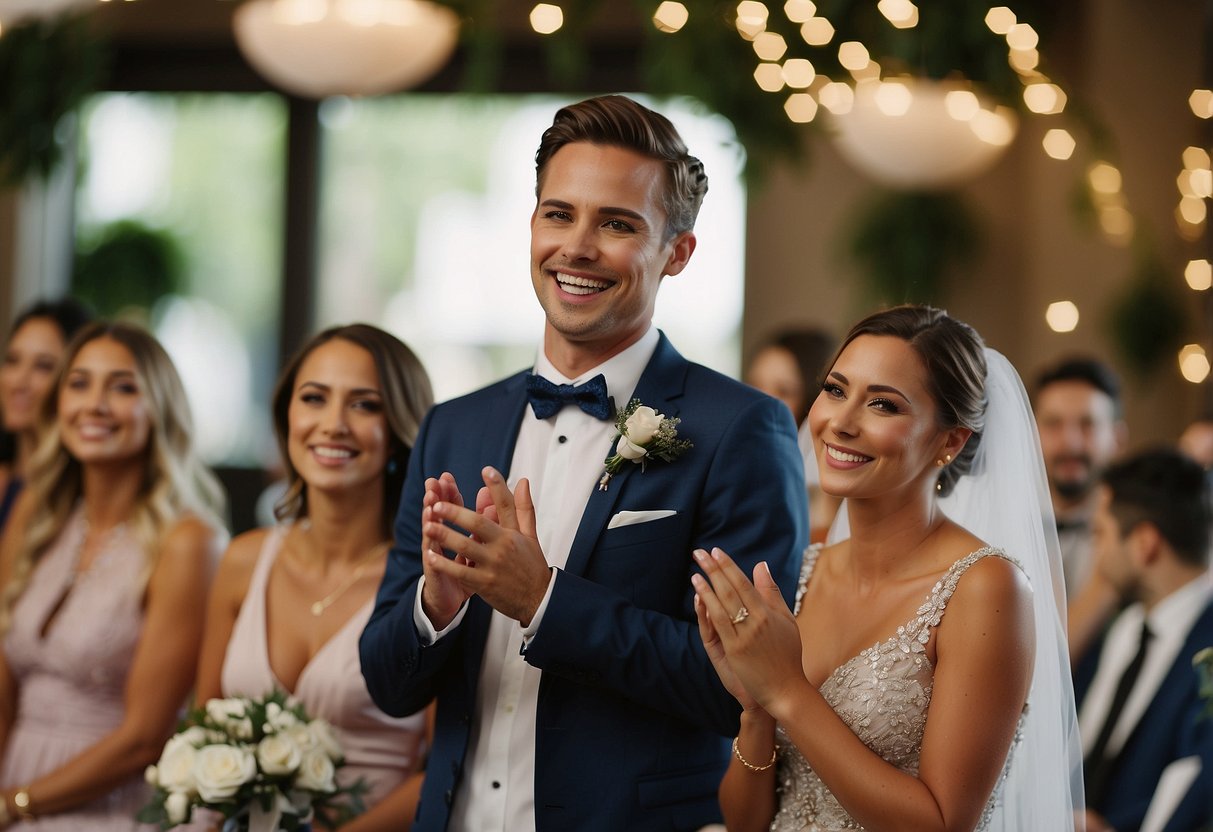 Bridesmaids applaud as the groom smiles at their heartfelt speech ideas during the wedding reception