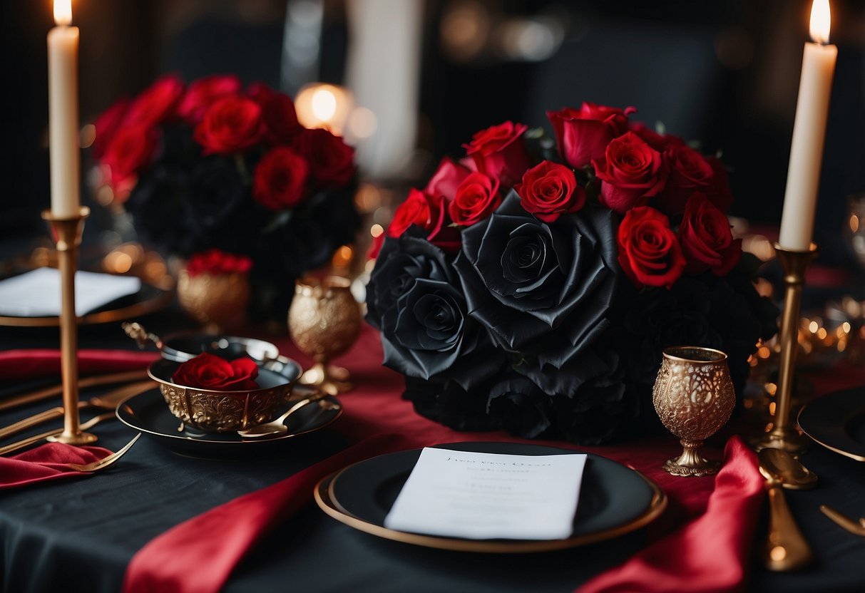 A black and red themed wedding with dark roses, crimson tablecloths, and elegant black and red invitations