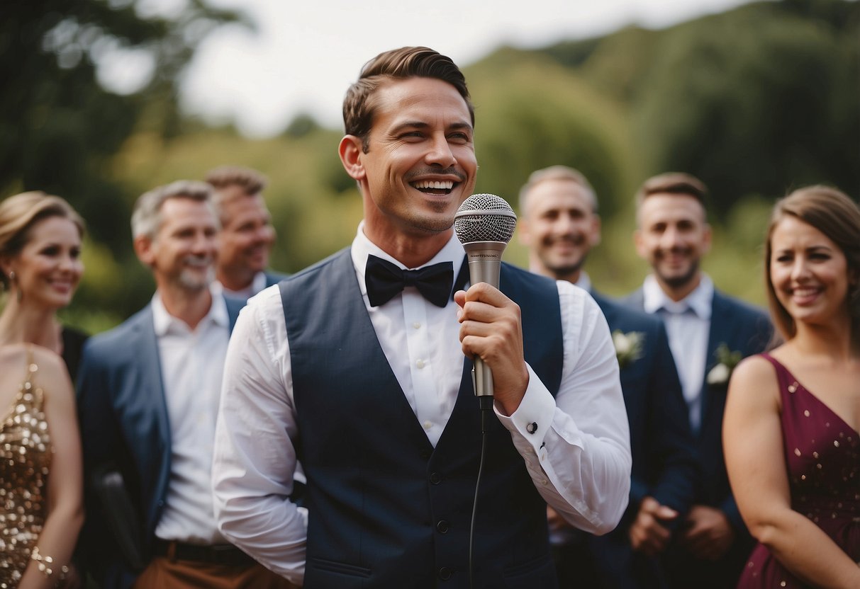 The groom stands confidently, holding a microphone, surrounded by friends and family. He speaks passionately about future plans and dreams with his partner, radiating joy and excitement