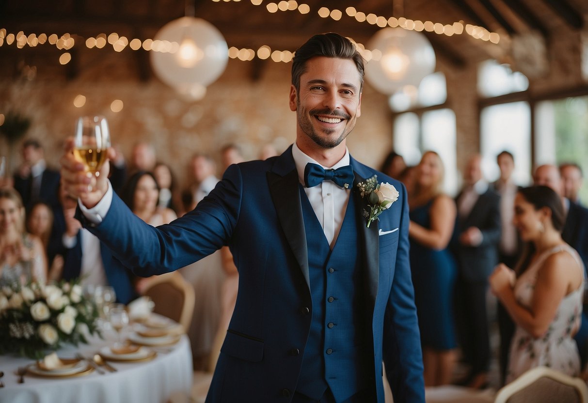 The groom stands at the center of the room, surrounded by smiling guests. He raises a glass in a gesture of gratitude, his face beaming with happiness