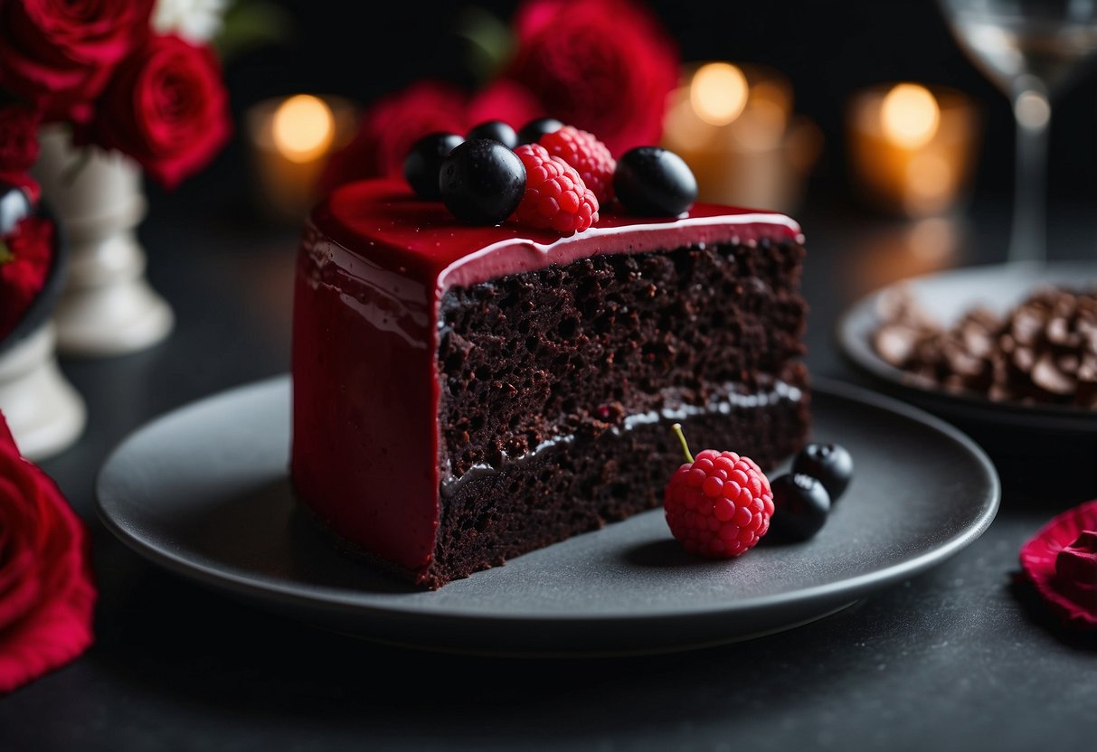 A crimson velvet cake with black icing sits on a table, surrounded by red and black wedding decor