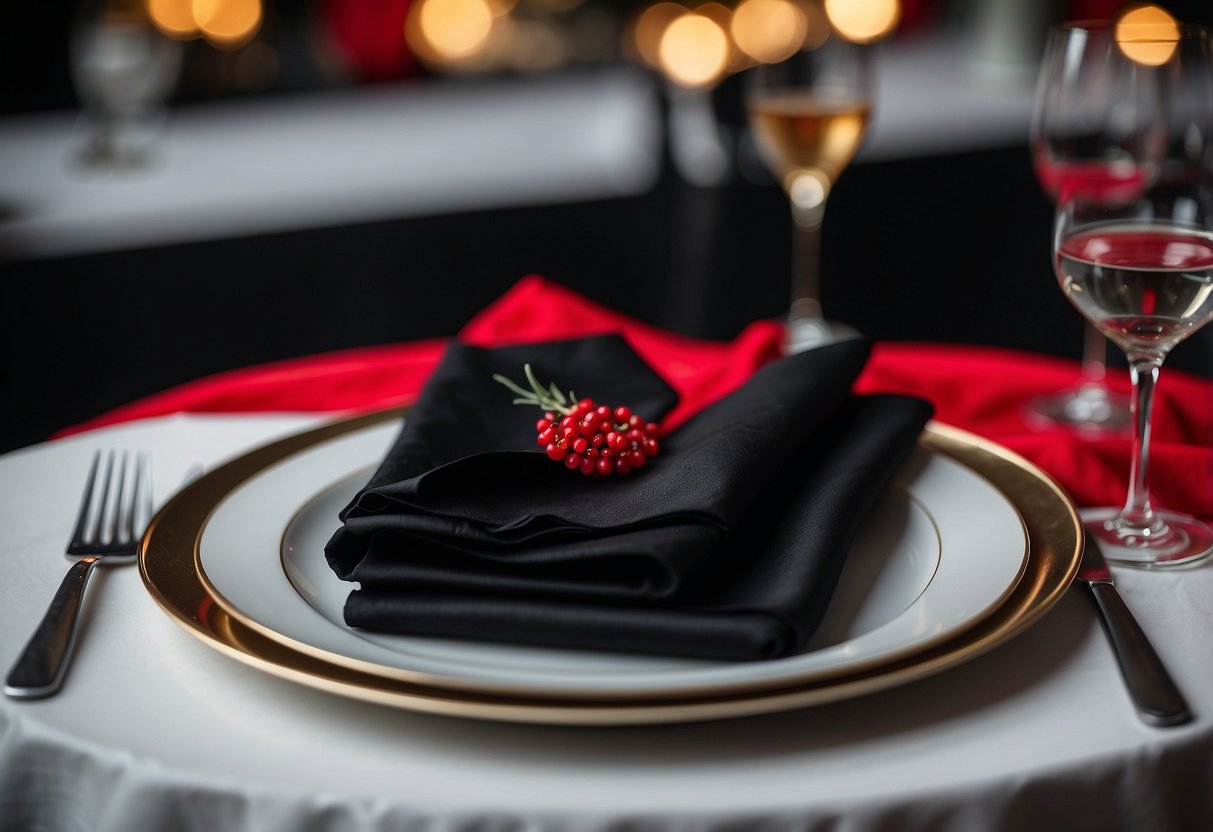 Black napkins with red trims arranged on a table, with black and red wedding decor in the background