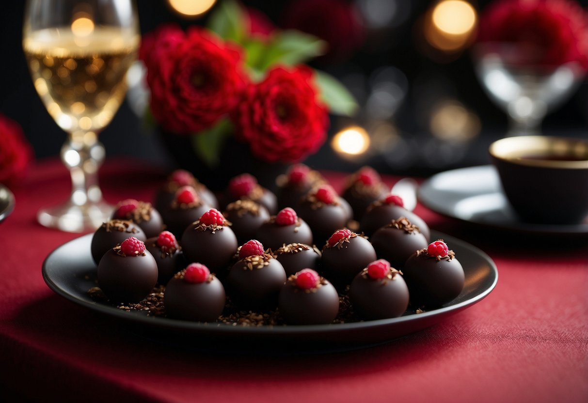 Dark chocolate truffles arranged with fresh red raspberries on a black and red themed wedding table