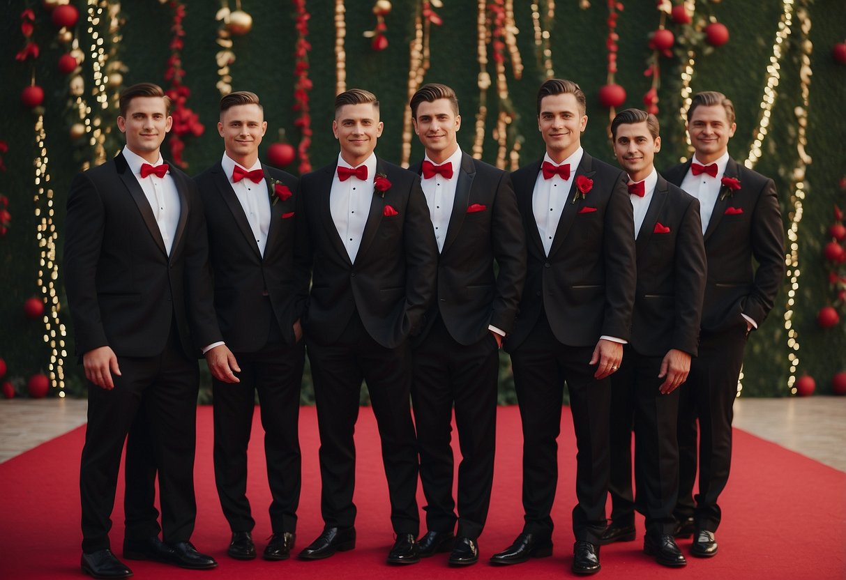 Black tuxedos with red bow ties stand out against a black and red wedding backdrop