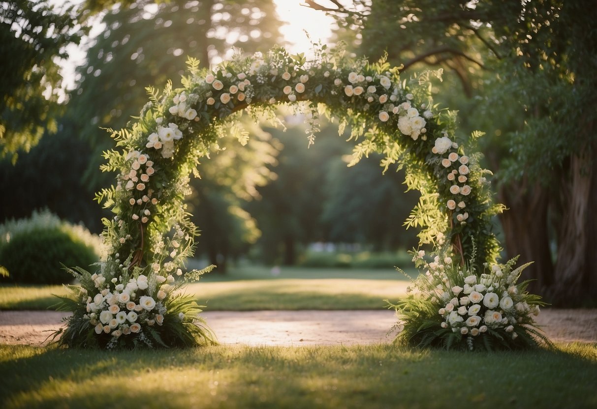 A circle arch adorned with flowers and greenery stands as a focal point in a serene outdoor wedding setting