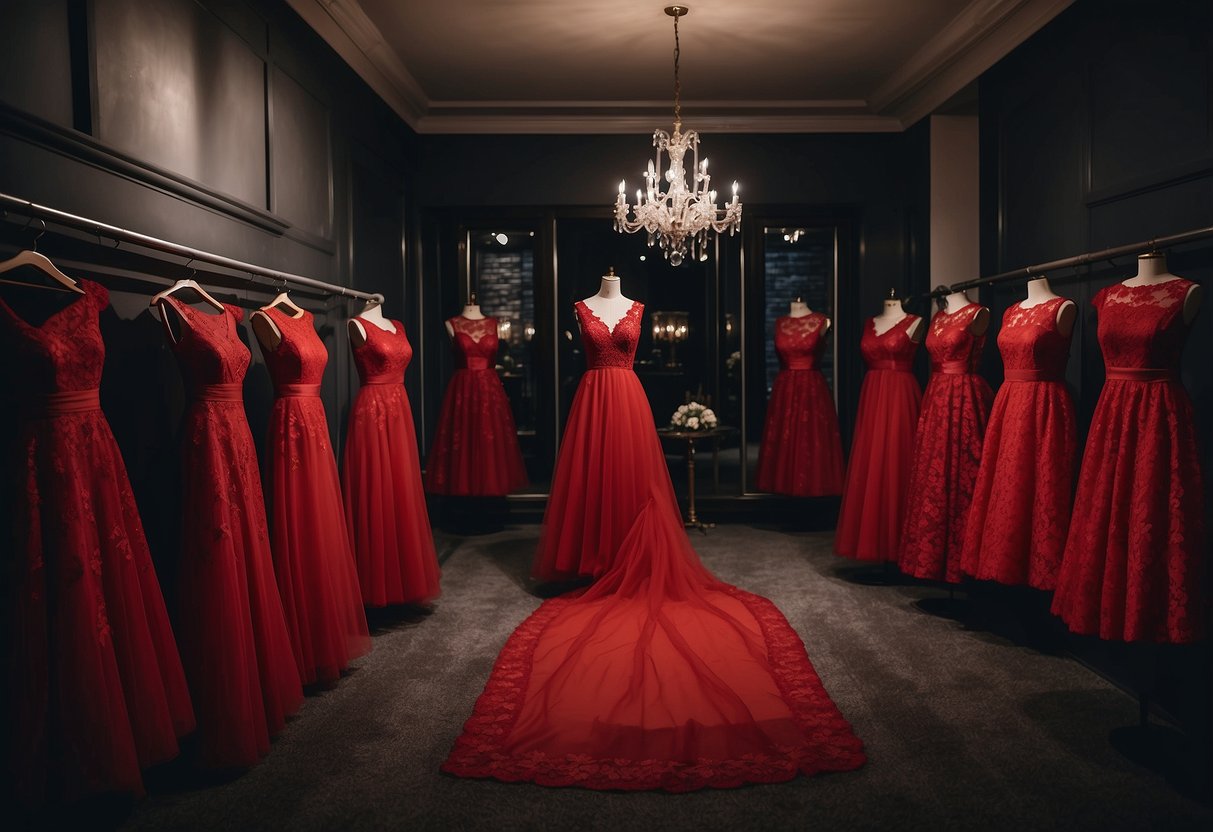 Red lace bridesmaid dresses hang in a dimly lit room, surrounded by black and red wedding decor