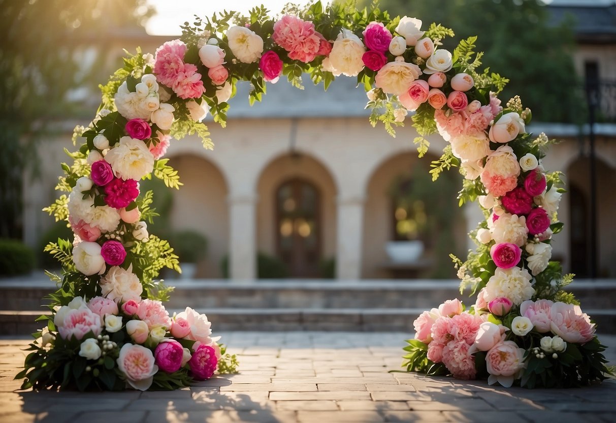 A circular arch adorned with vibrant peonies and other floral arrangements, creating a romantic and elegant backdrop for a wedding ceremony