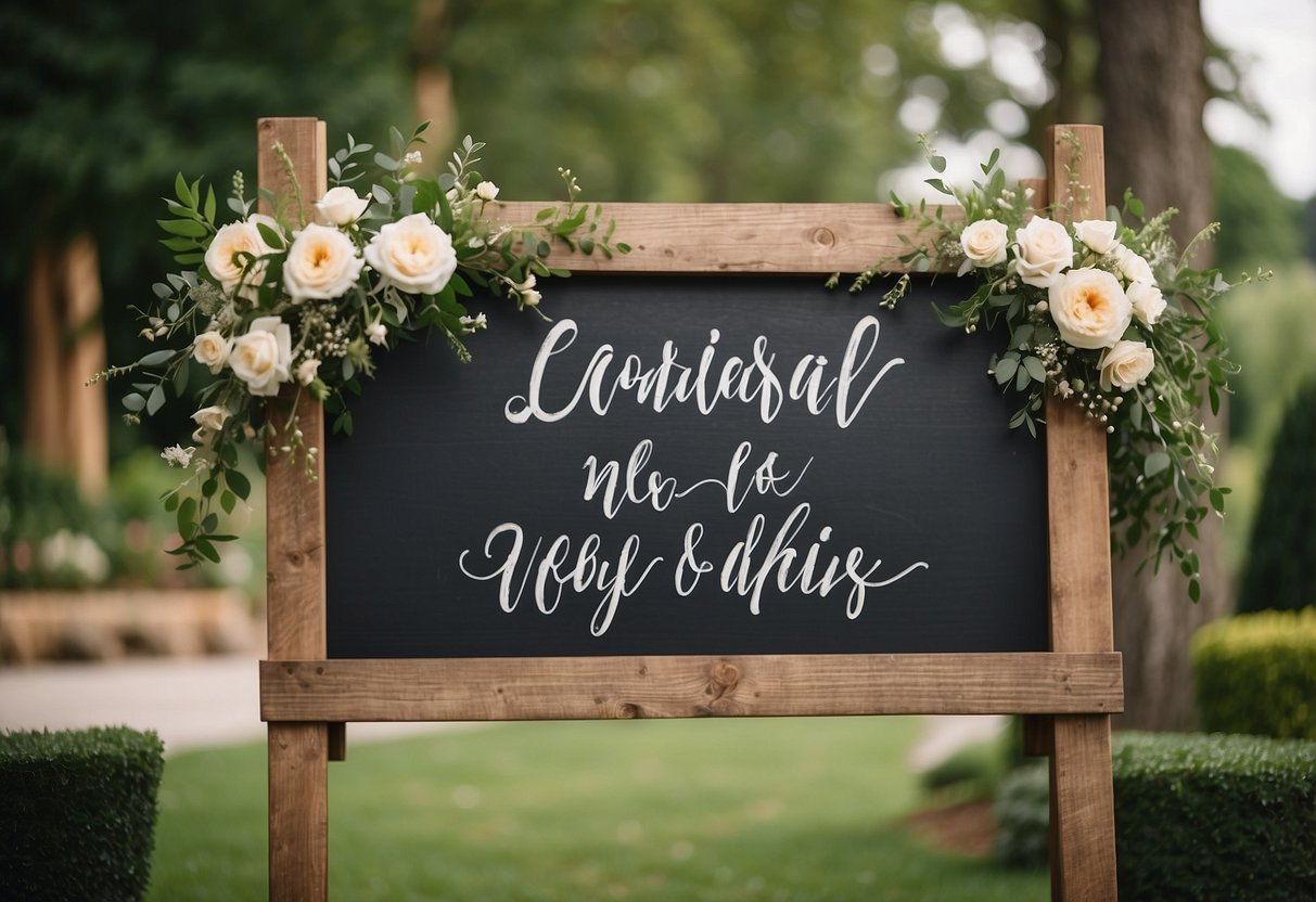 A rustic wooden sign with elegant calligraphy, adorned with flowers and greenery, stands at the entrance of a picturesque outdoor wedding venue