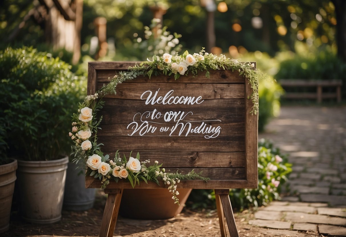 A rustic wooden sign with elegant calligraphy reading "Welcome to Our Wedding" stands at the entrance, surrounded by lush greenery and blooming flowers