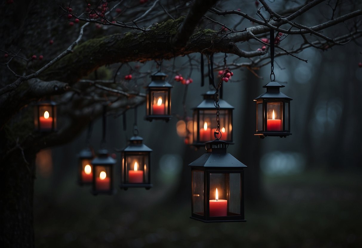 Black lanterns hang from twisted branches, each holding a flickering red candle. The dark, romantic ambiance sets the stage for a black and red wedding theme