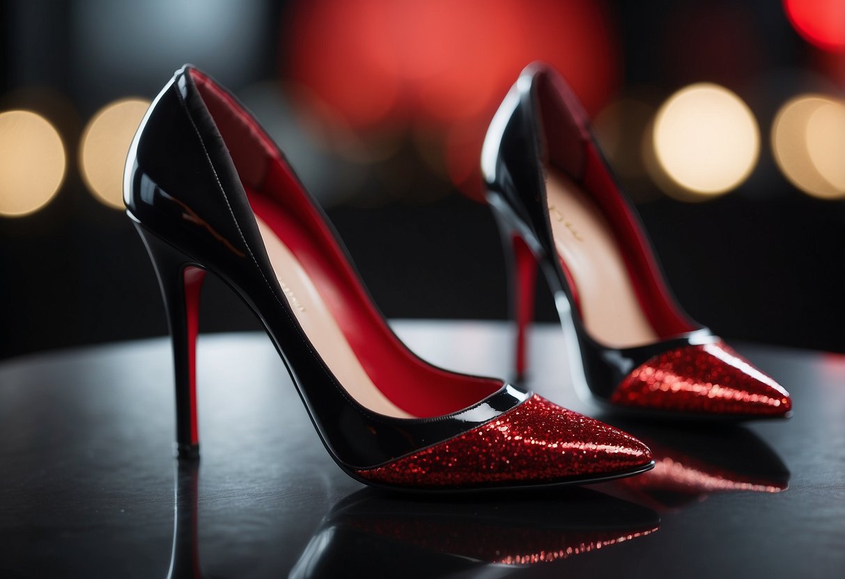 A pair of red stiletto heels with black accents, placed against a backdrop of black and red wedding decor