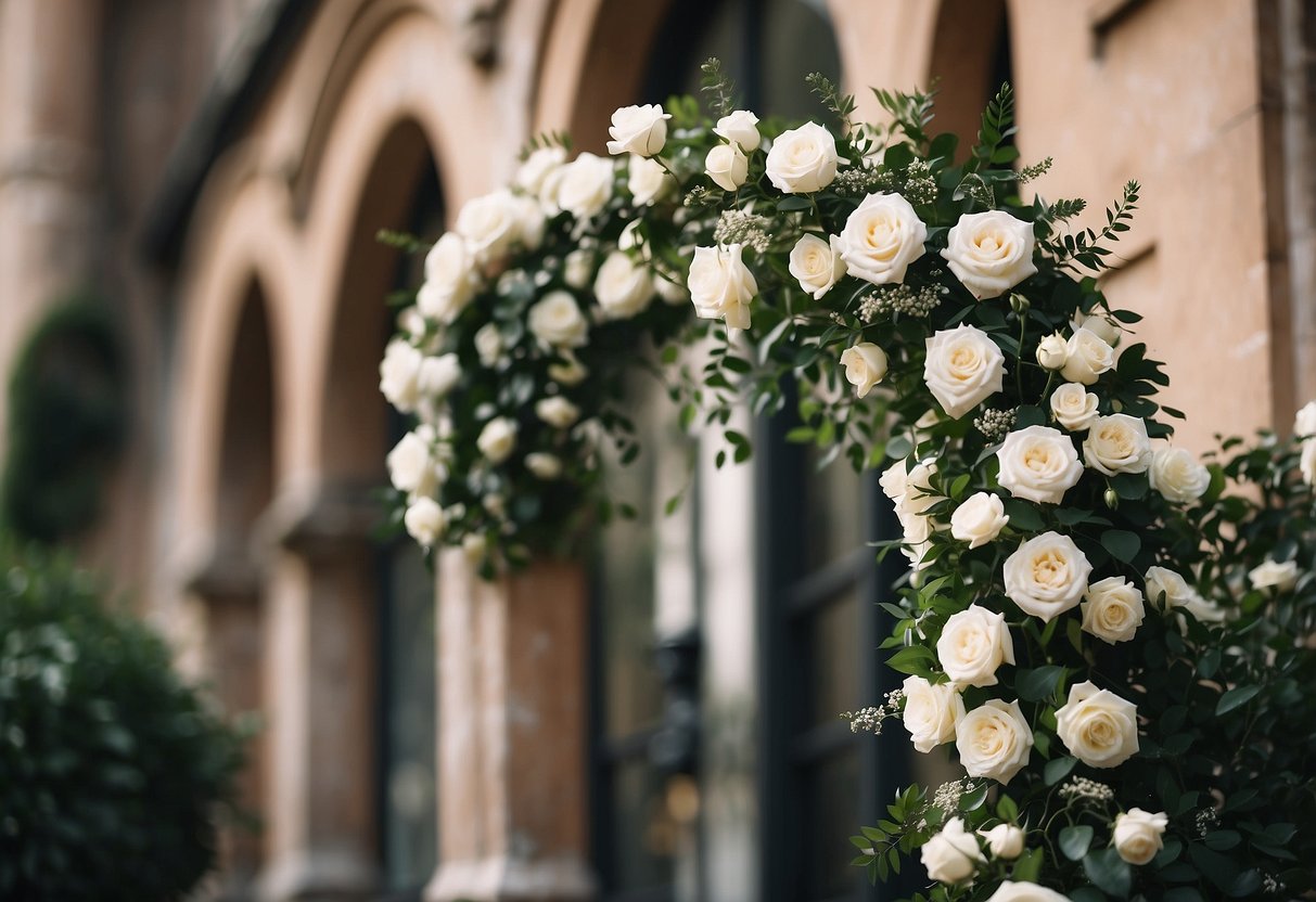 A circle arch adorned with greenery and white roses