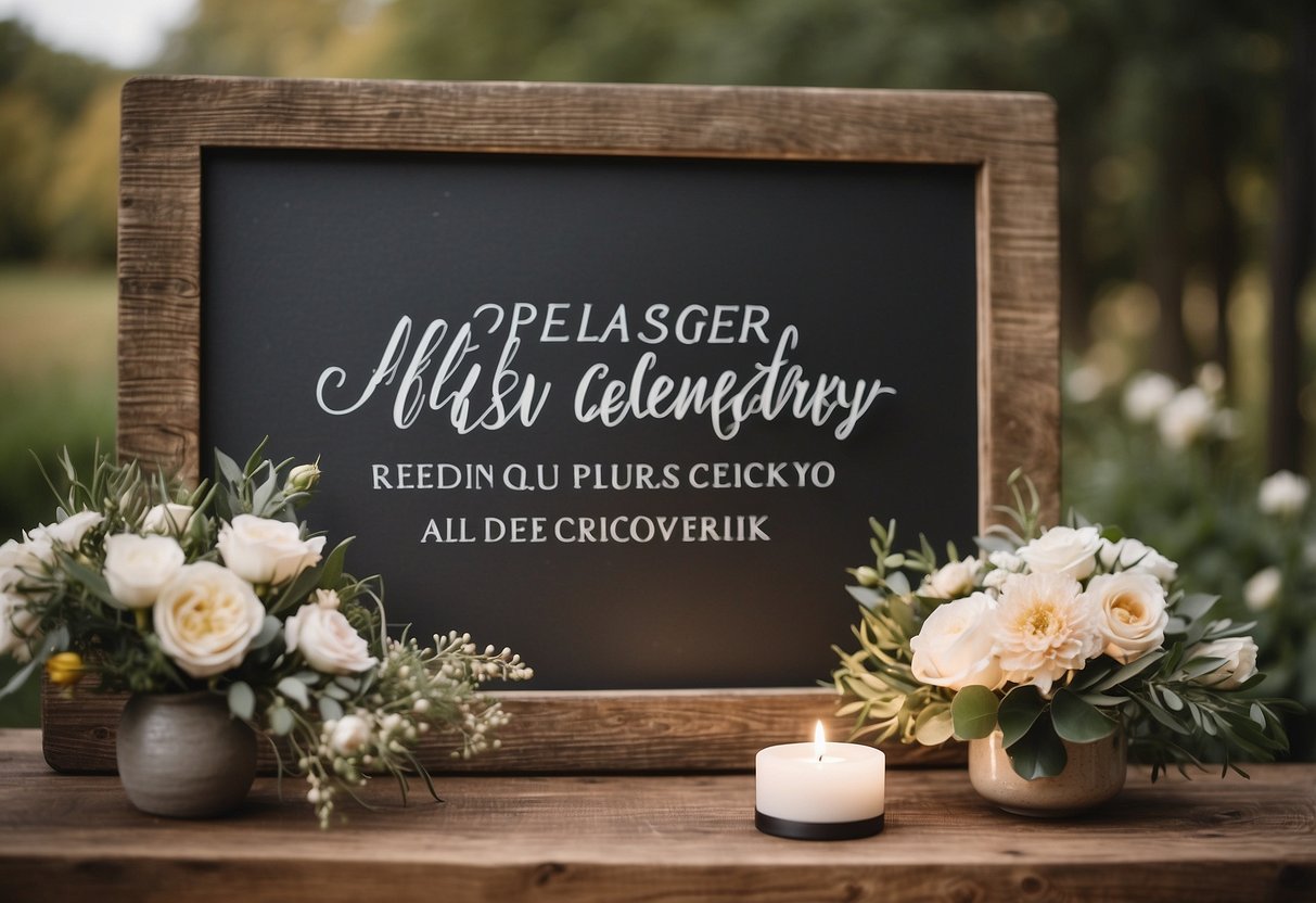 A rustic wooden sign with elegant calligraphy reads "Unplugged Ceremony: Please Turn Off All Devices" surrounded by delicate floral arrangements