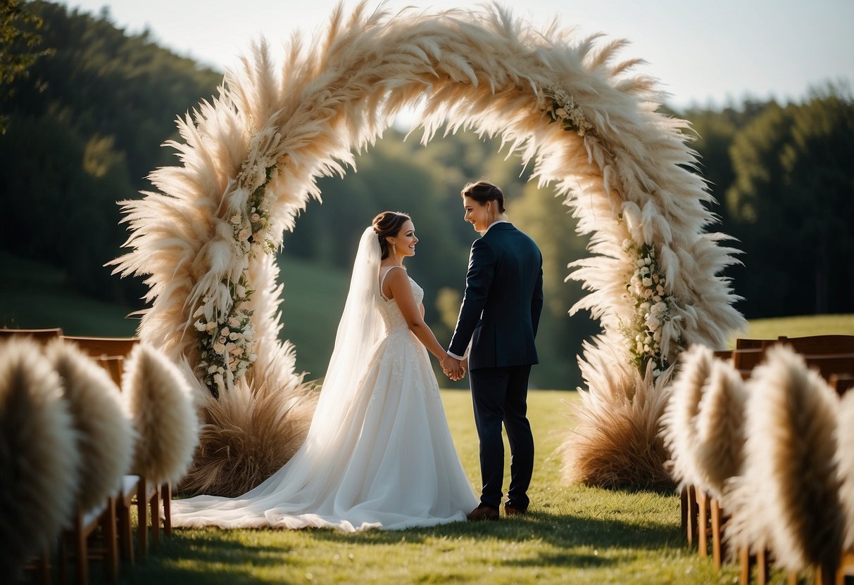 A circular arch made of geometric shapes adorned with pampas grass, set against a backdrop of a serene outdoor wedding ceremony