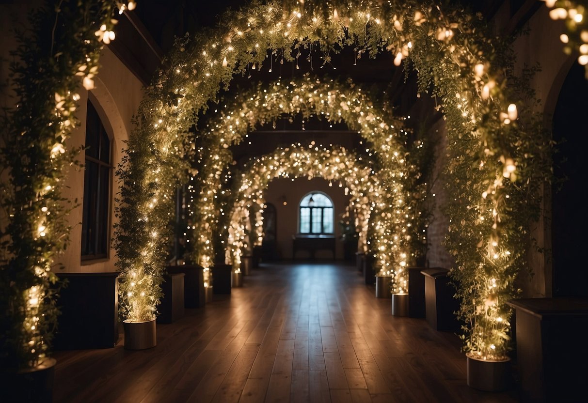 A circular arch adorned with twinkling fairy lights creates a whimsical and enchanting atmosphere for a wedding celebration