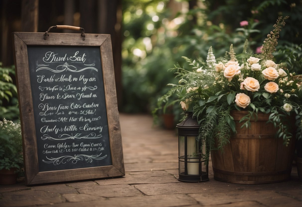 A rustic chalkboard with "Find Your Seat" in elegant calligraphy, surrounded by floral and greenery accents