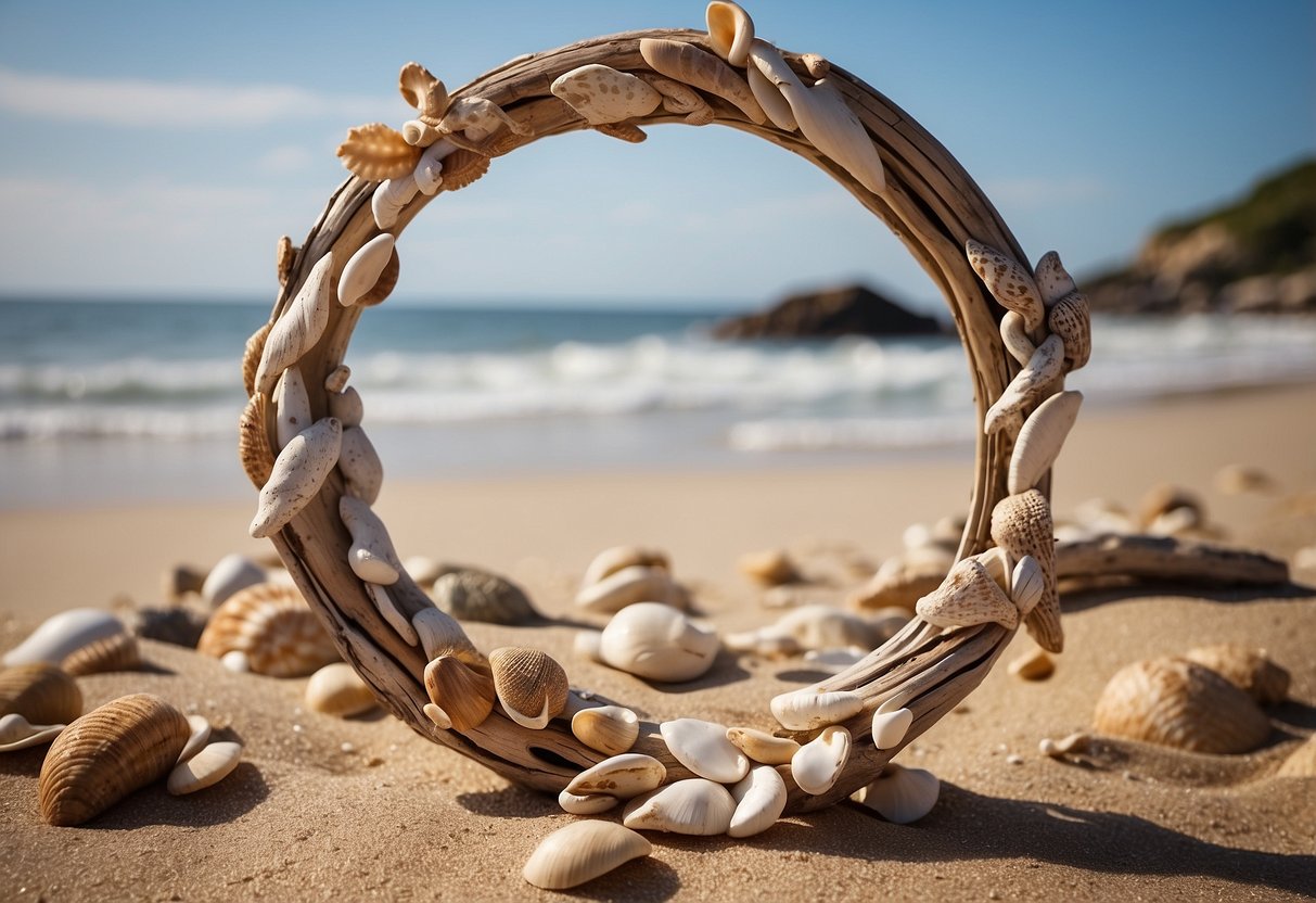 A driftwood circle arch stands on a sandy beach, adorned with shells and flowing fabric, overlooking the ocean waves