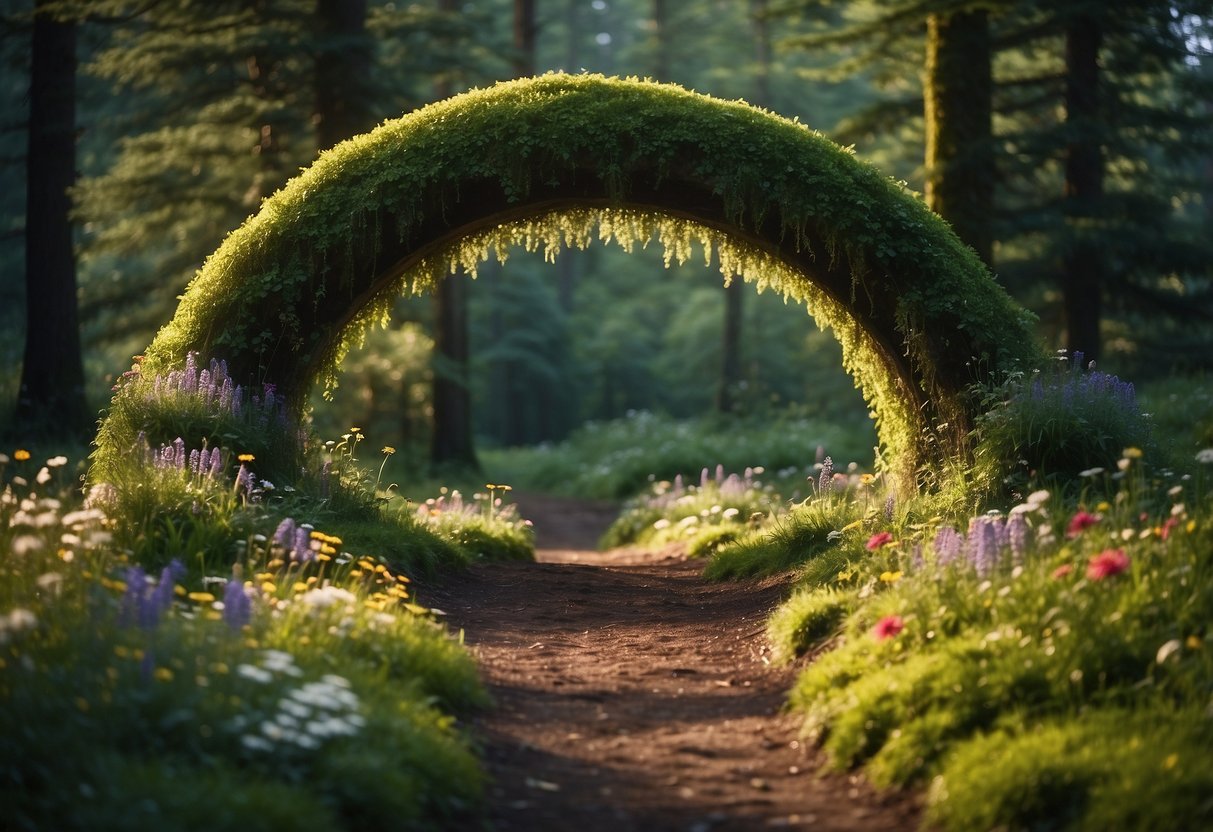 A lush, moss-covered arch stands in the center of an enchanted forest clearing, surrounded by towering trees and vibrant wildflowers