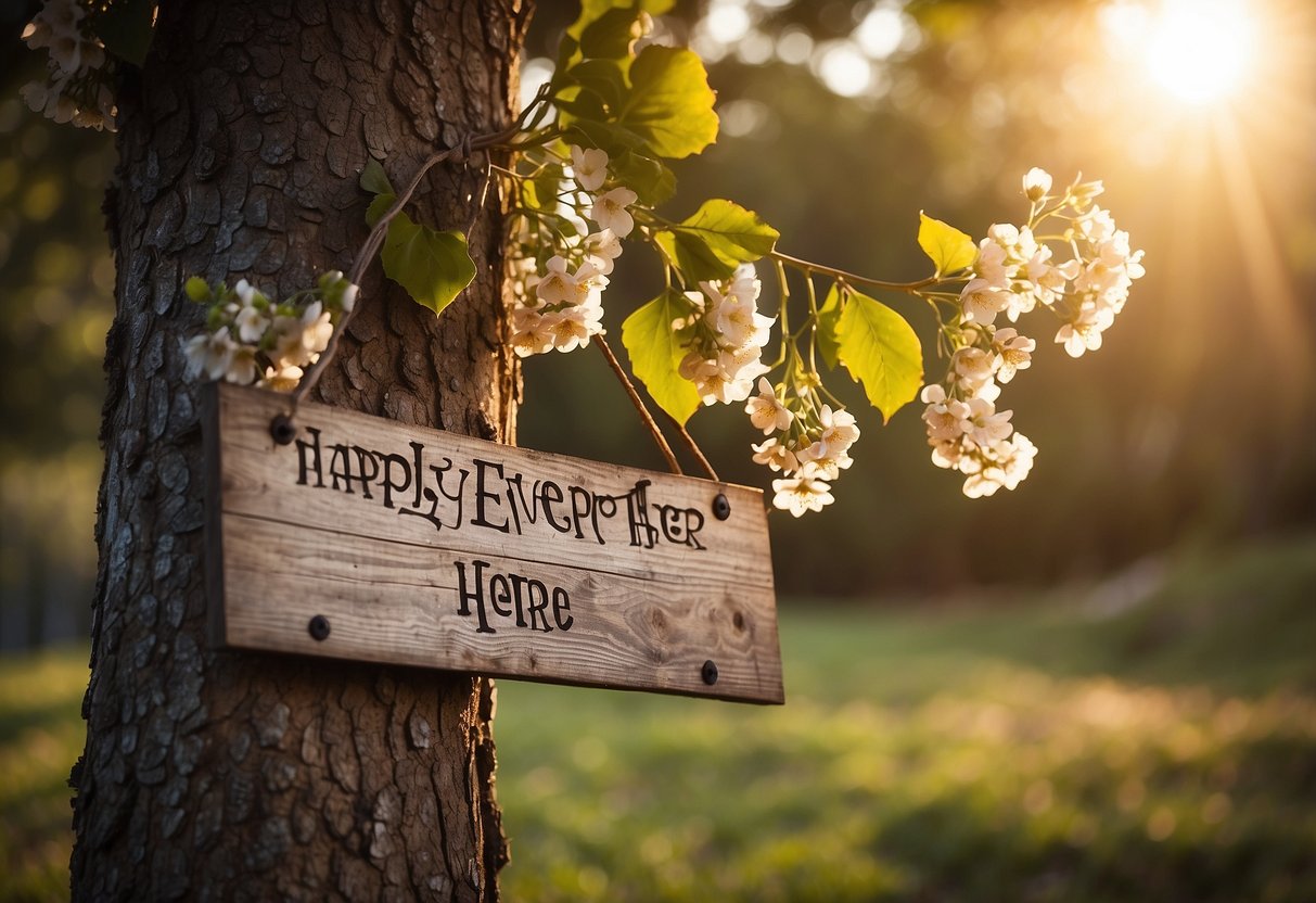 A rustic wooden sign hangs from a tree, adorned with flowers and calligraphy, reading "Happily Ever After Starts Here." The sun sets in the background, casting a warm glow over the scene