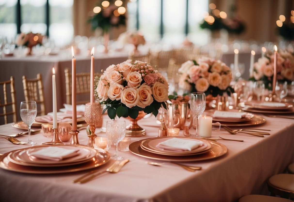 A rose gold wedding reception: tables adorned with rose gold centerpieces, elegant rose gold cutlery, and shimmering rose gold accents throughout the venue